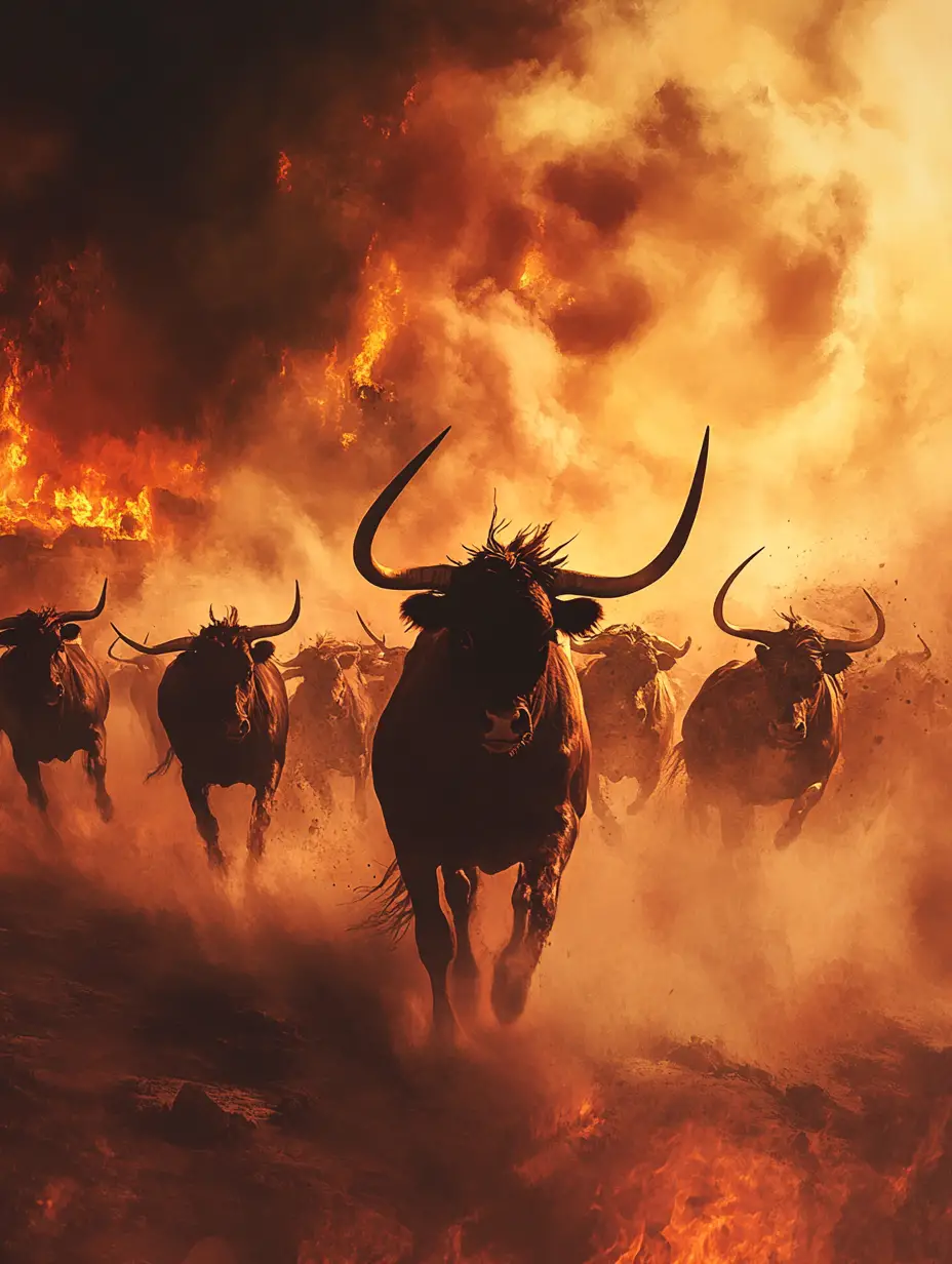 Stampede Of Wild Longhorns In A Ruined Apocalyptic Town
