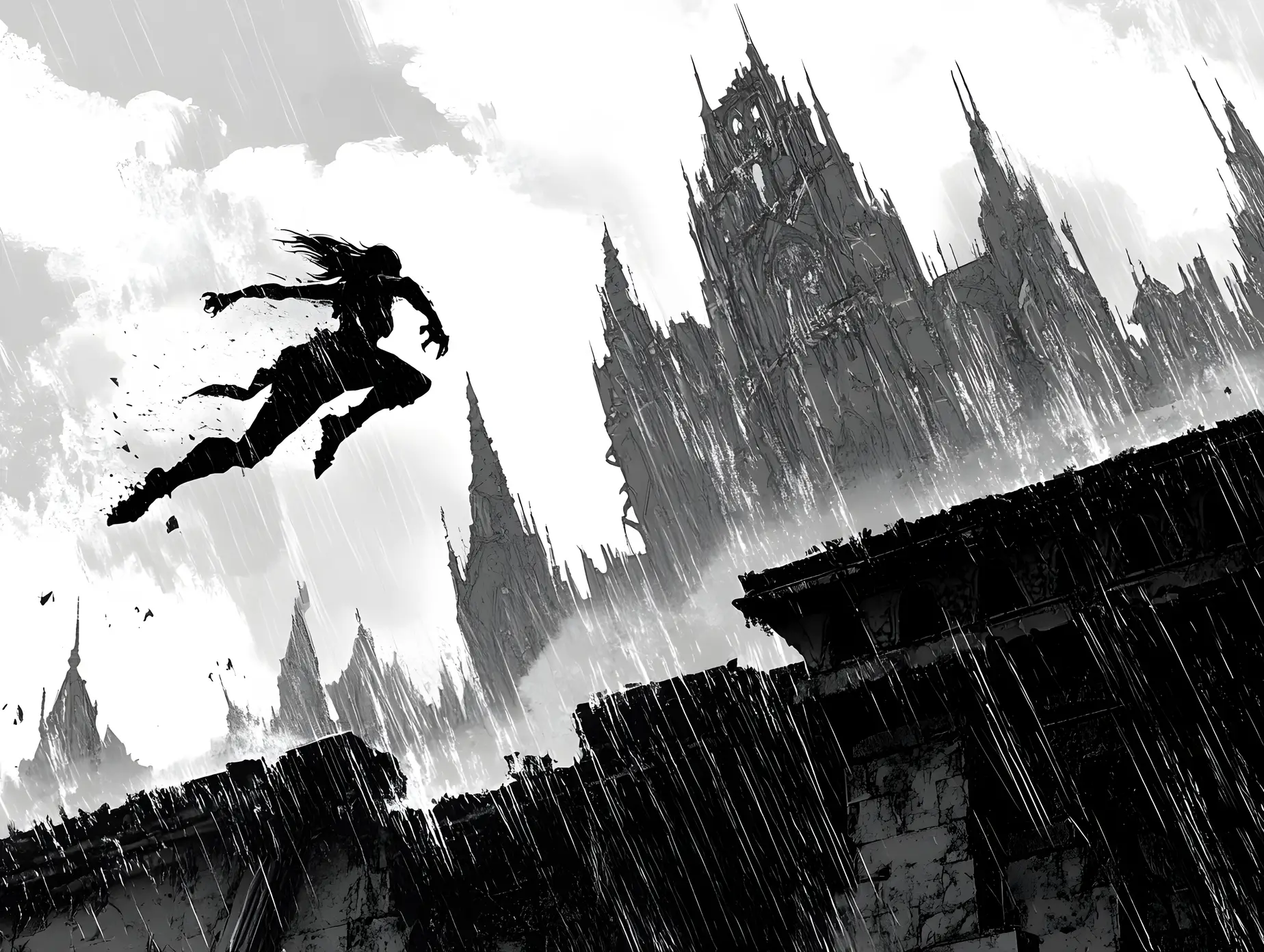 Woman sprinting along a gothic wall in the storm