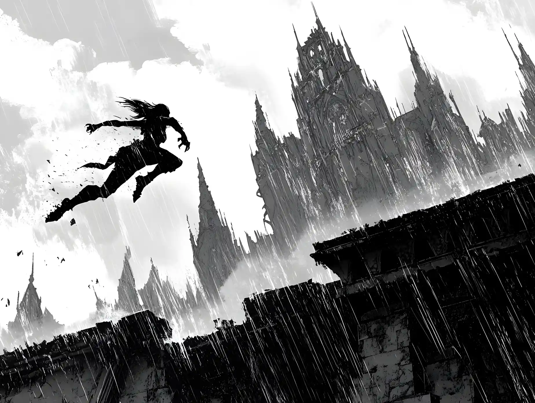 Woman sprinting along a gothic wall in the storm