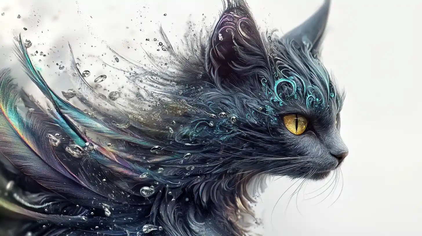Fantasy gray cat bird hybrid with iridescent feathers