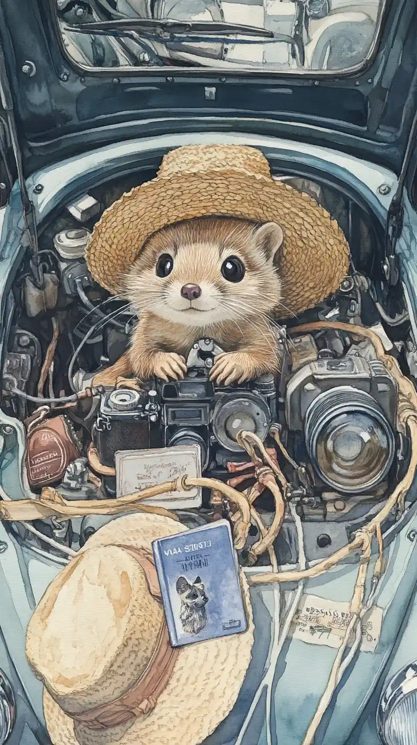 Watercolor marten in car engine with travel accessories