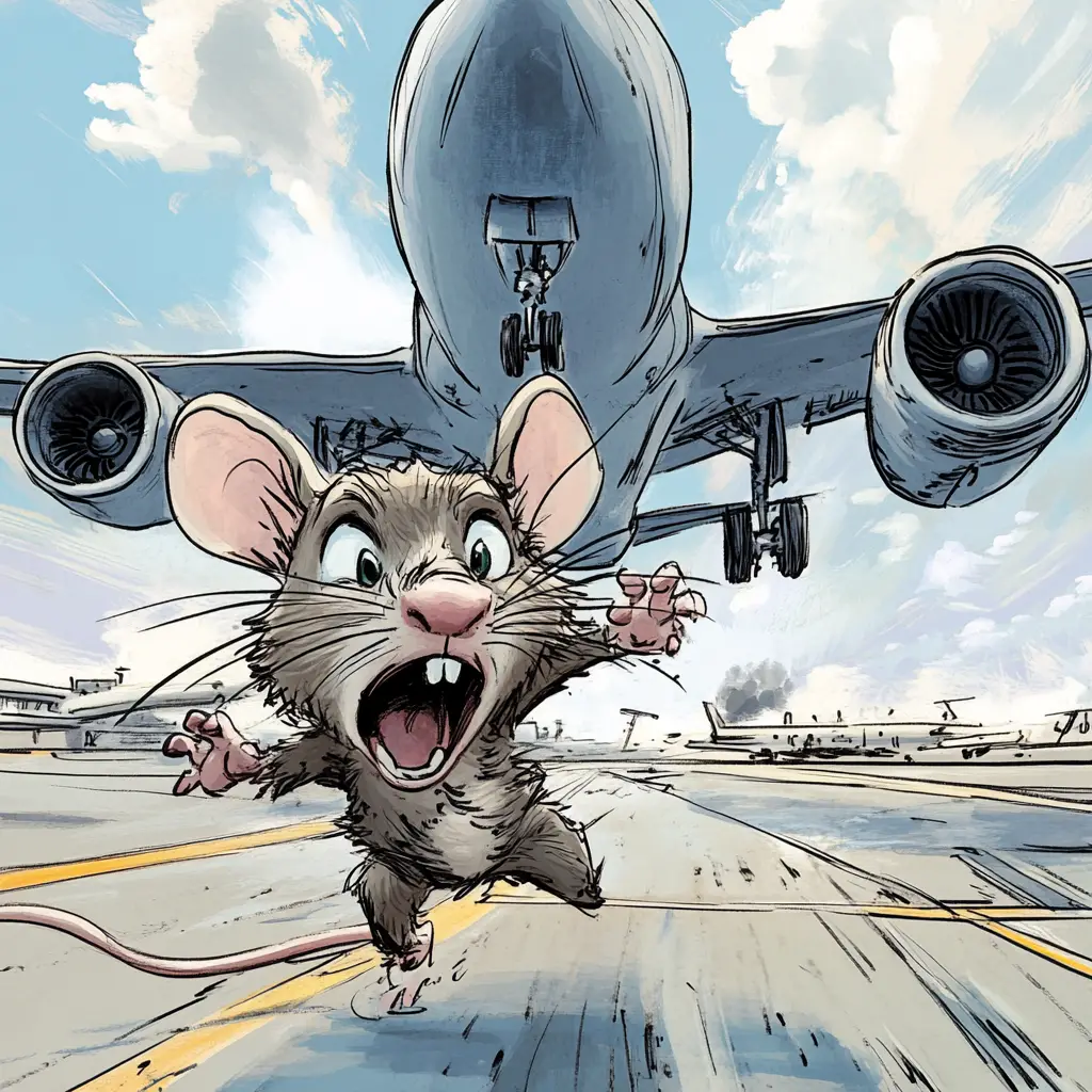 Terrified mouse on airport runway beneath landing jet