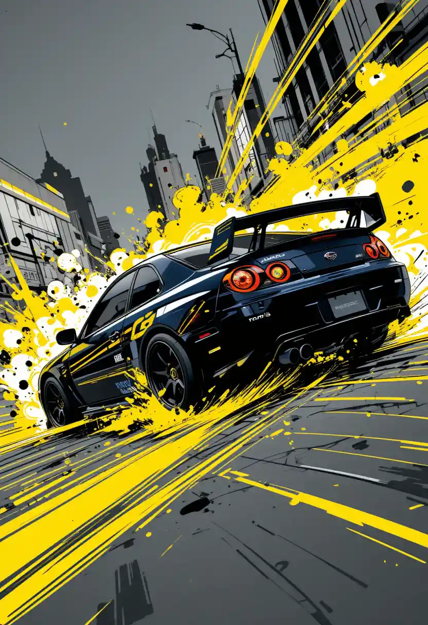 Dark blue sports car drifting through explosive yellow city energy