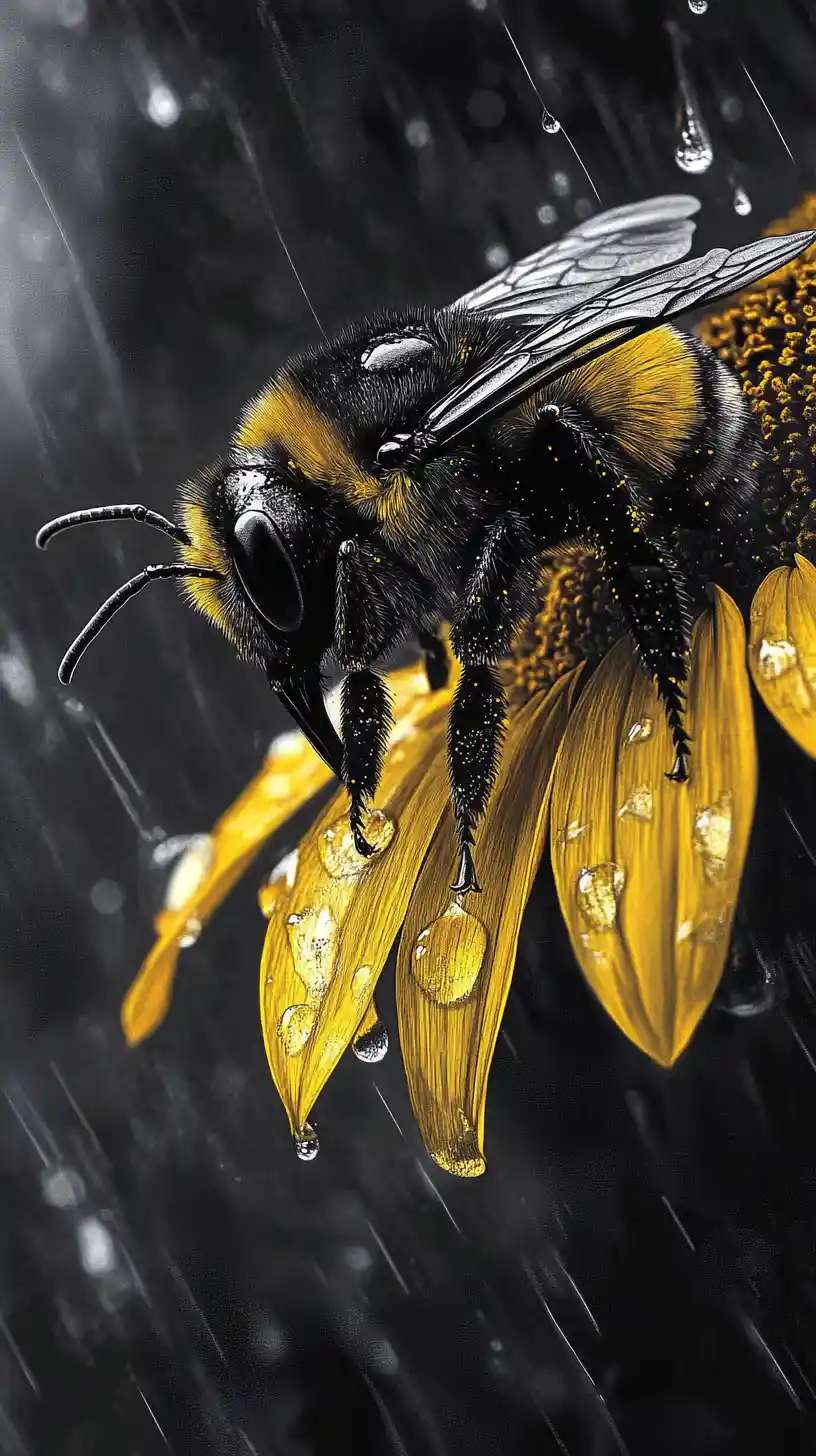 Surreal macro bee on glowing sunflower in the rain
