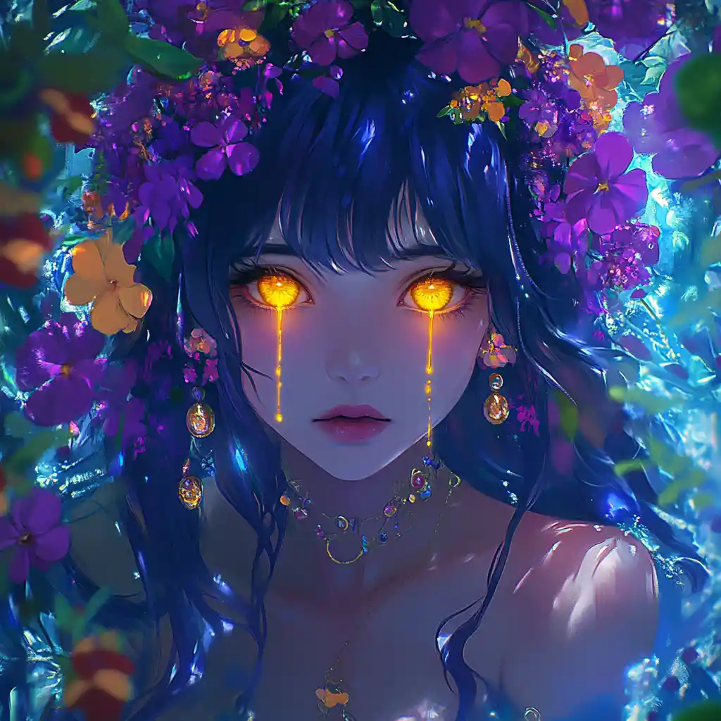 Anime girl with purple hair in swirling fantasy flowers