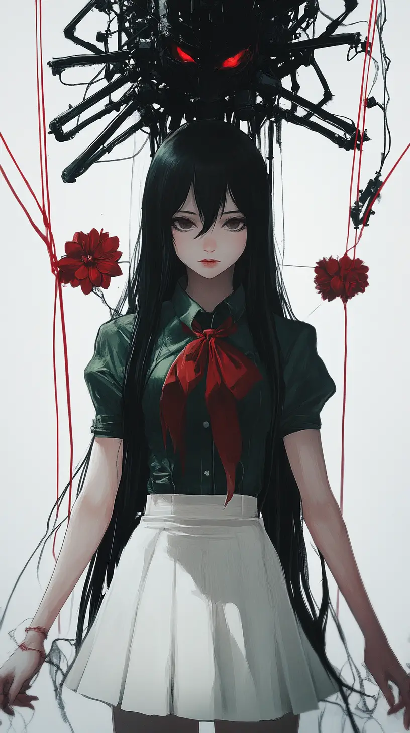 Anime girl controlled by red puppet strings and flowers