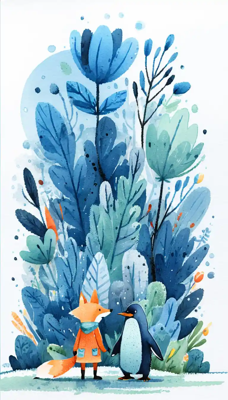 Watercolor fox and penguin exploring abstract flowers