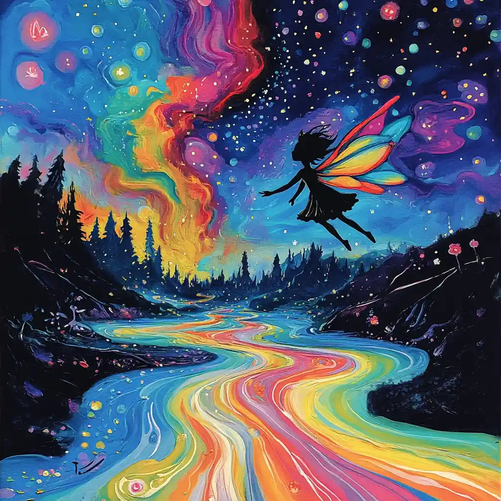 Fairy girl flying over a shimmering rainbow river