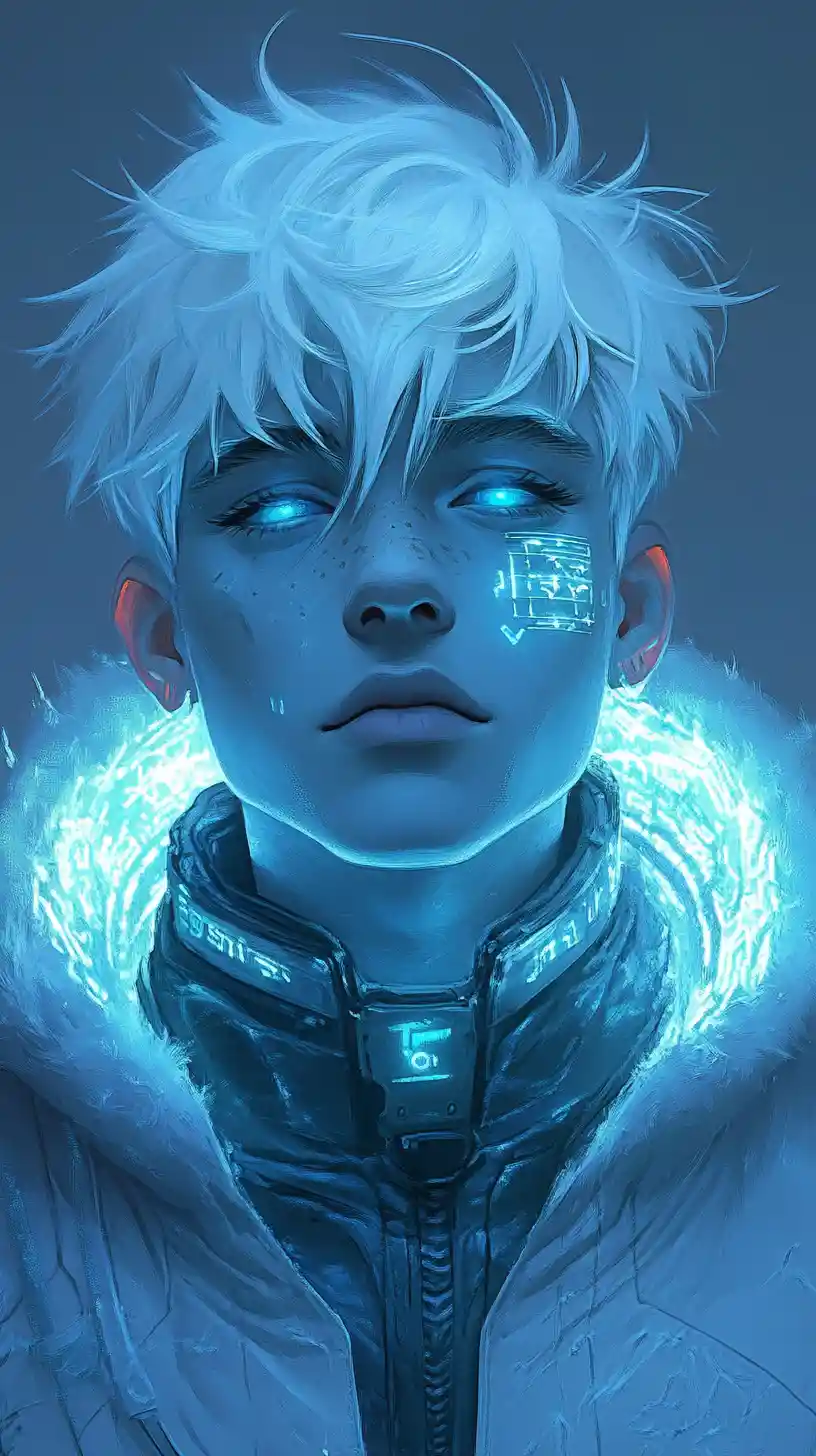 Anime boy with icy hair and glowing cyber halo