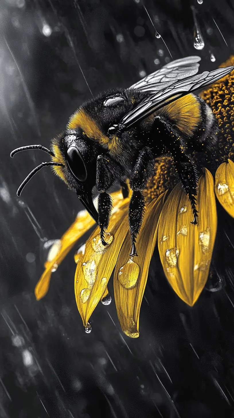 Surreal macro bee on glowing sunflower in the rain