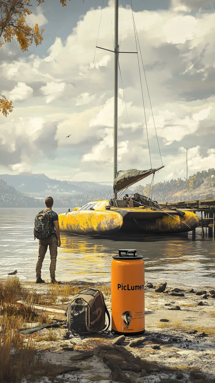 Two men by a yellow catamaran on a calm lakeside