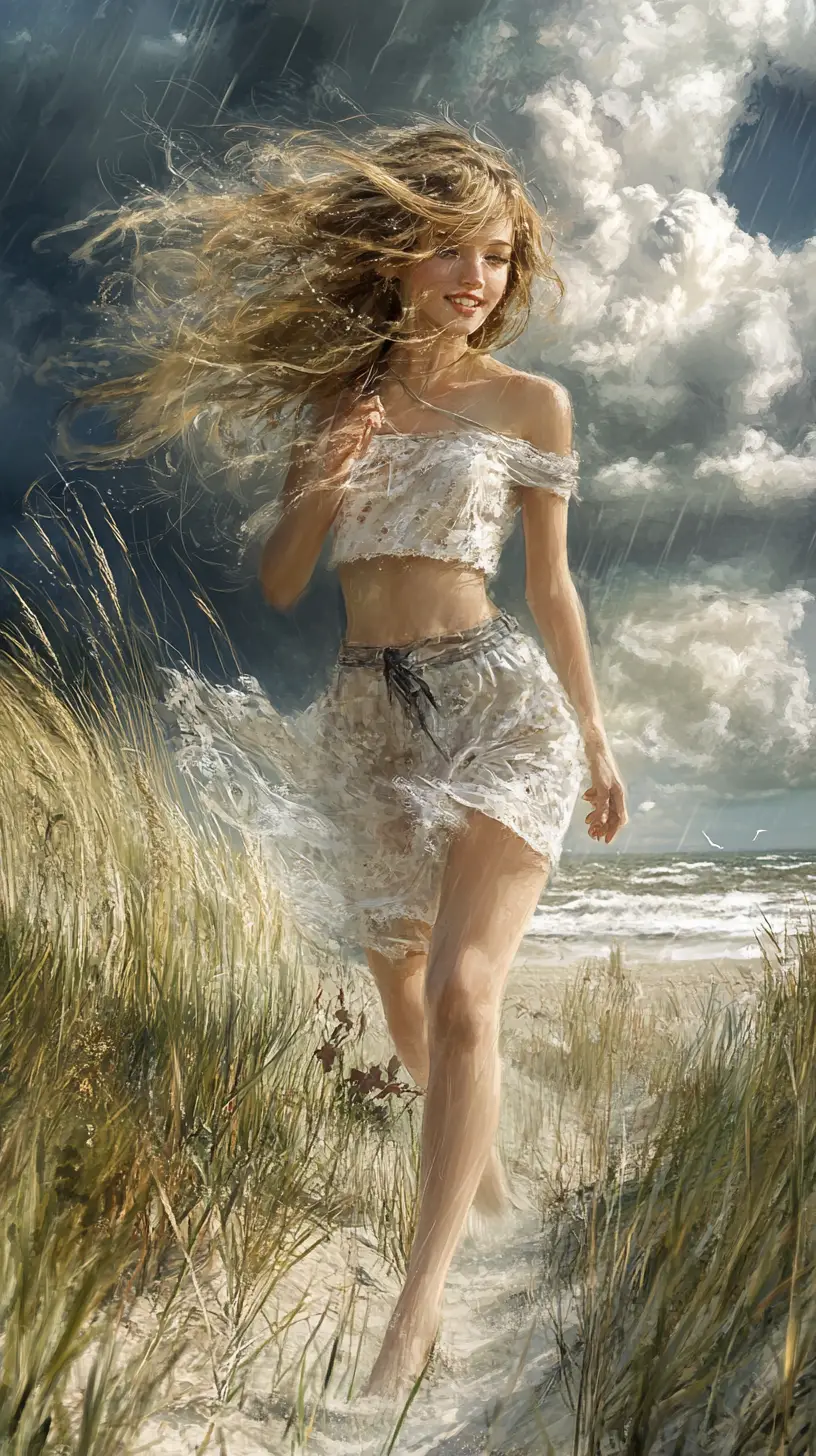 Fantasy girl smiling on a windy beach holiday scene