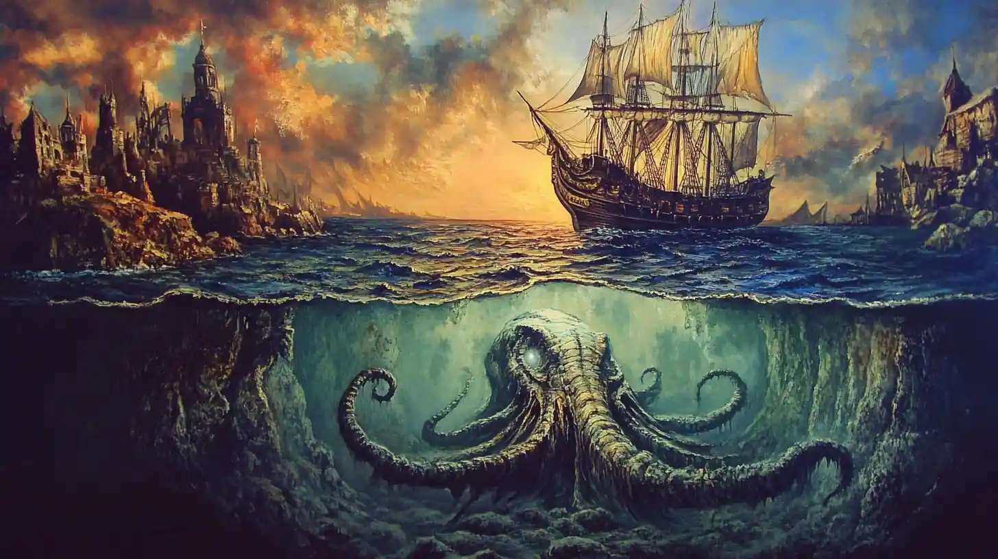 Ancient fantasy painting of a kraken beneath a sailing ship