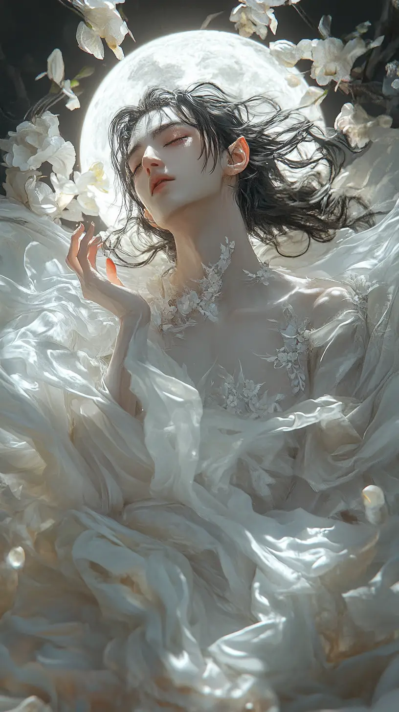 Elegant moon vampire hiding in shadowy night haze
