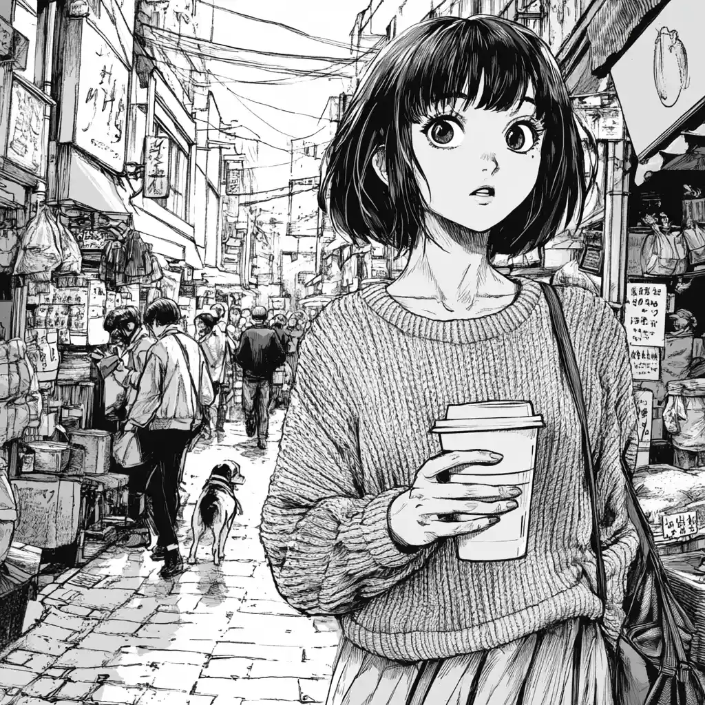 Manga girl with coffee in a busy Japanese street market