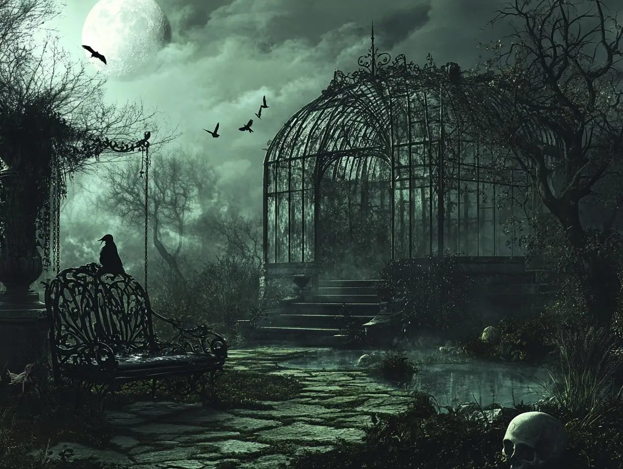 Gothic Woman On Swing In Moonlit Spooky Garden