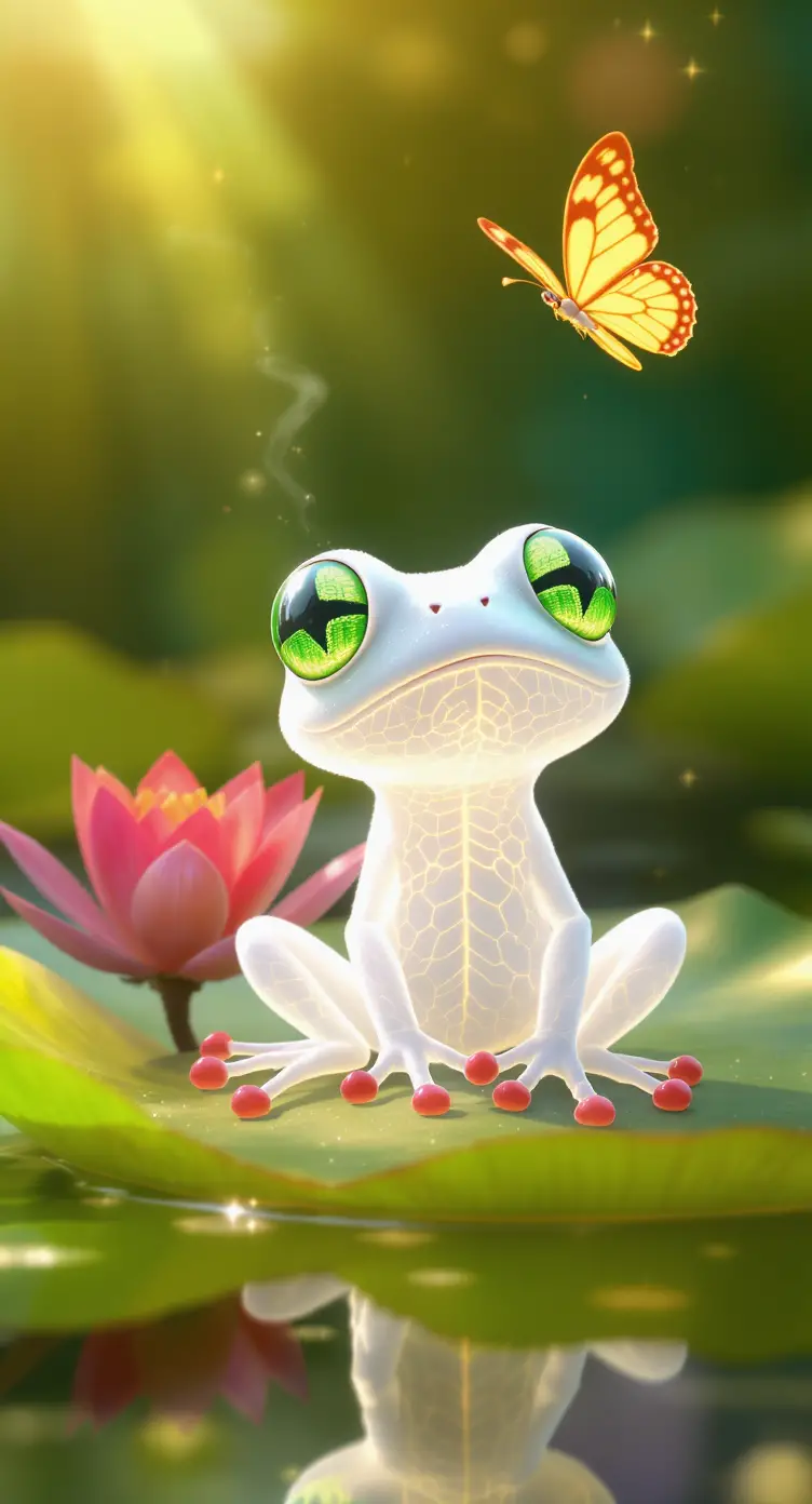 Glowing white frog on lily pad watching bright butterfly