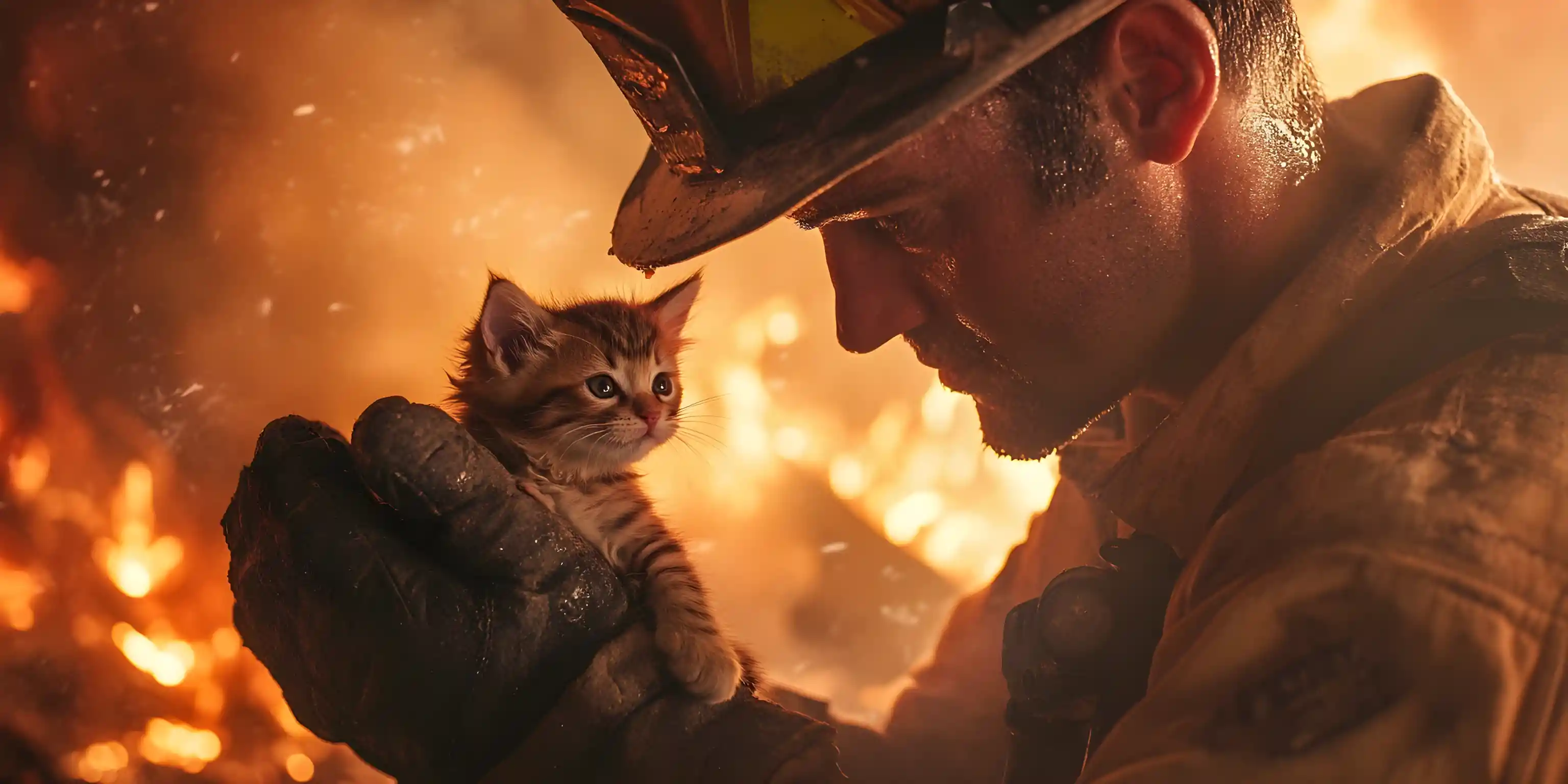Bombero rescatando a un gatito de un feroz incendio en casa