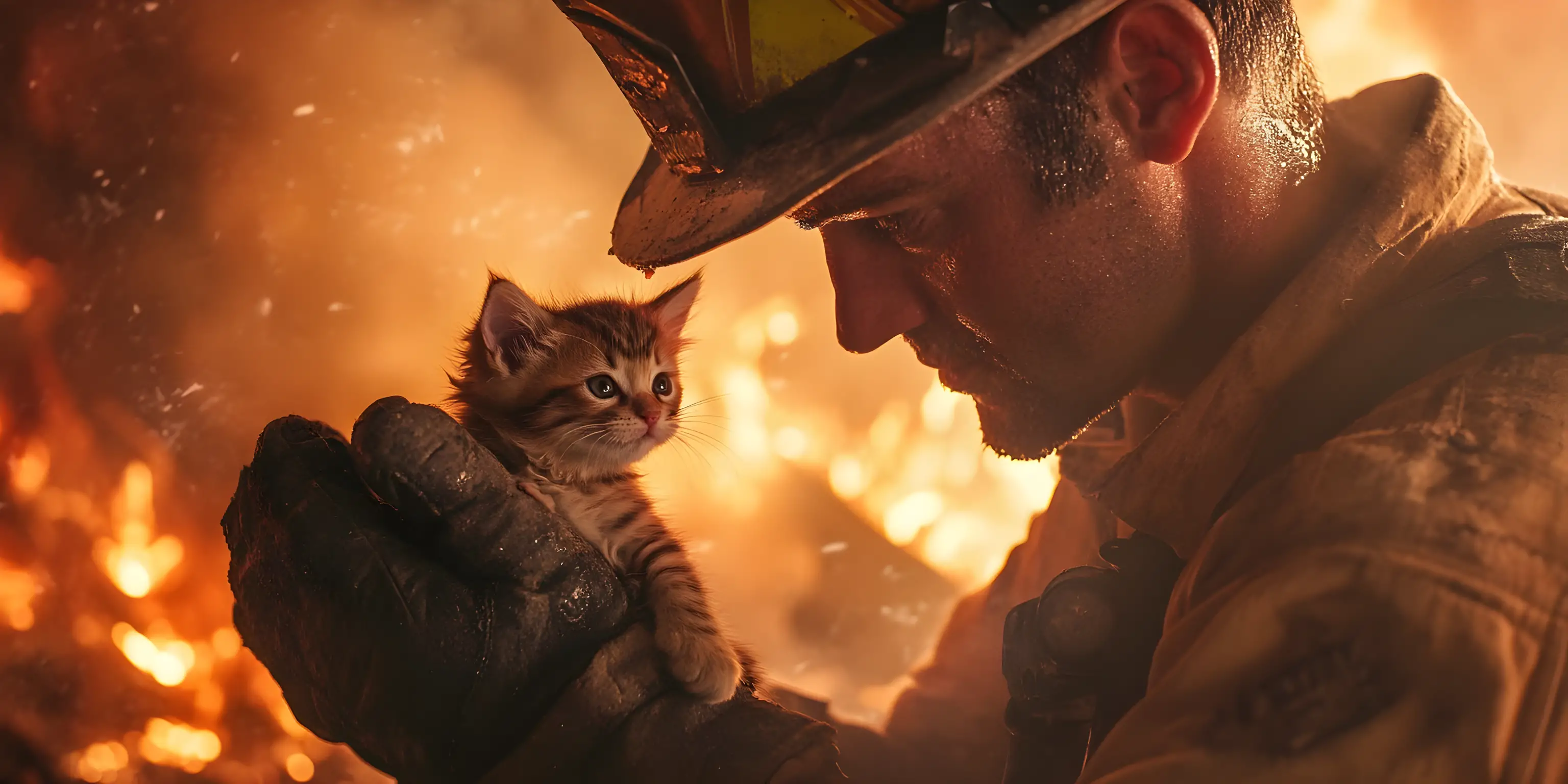 Firefighter Rescuing Kitten From Raging House Fire