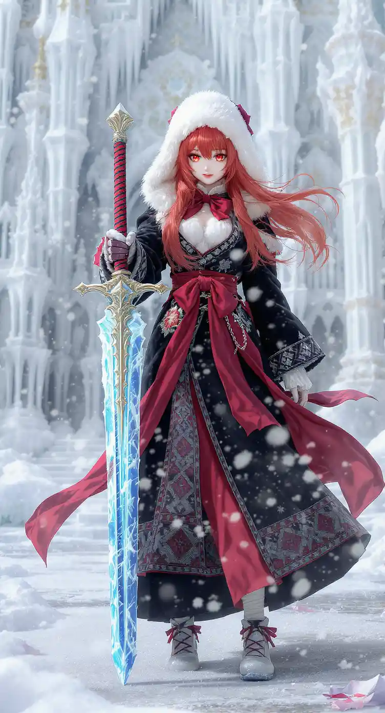 Red haired anime girl with ice sword at palace