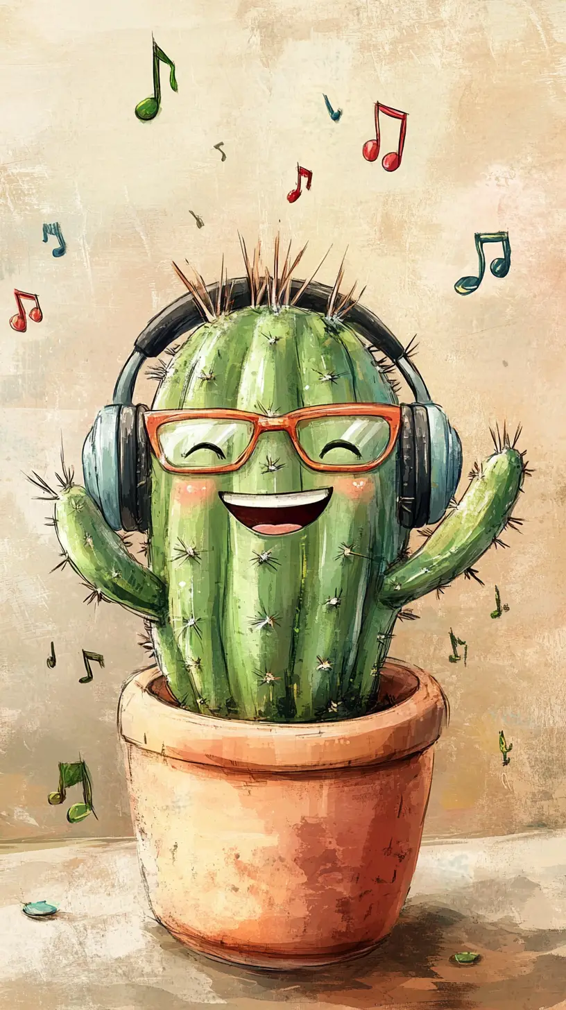 Cute cactus with headphones in playful digital illustration