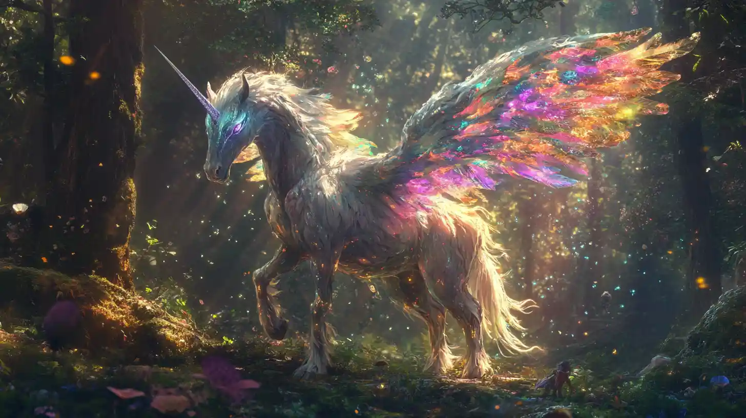 Mythical hybrid creature walking through an enchanted forest