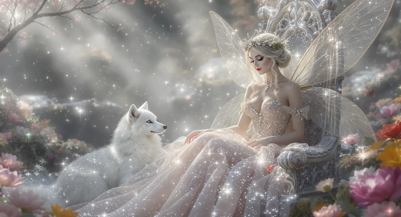 Diamond fairy on a silver throne in morning mist
