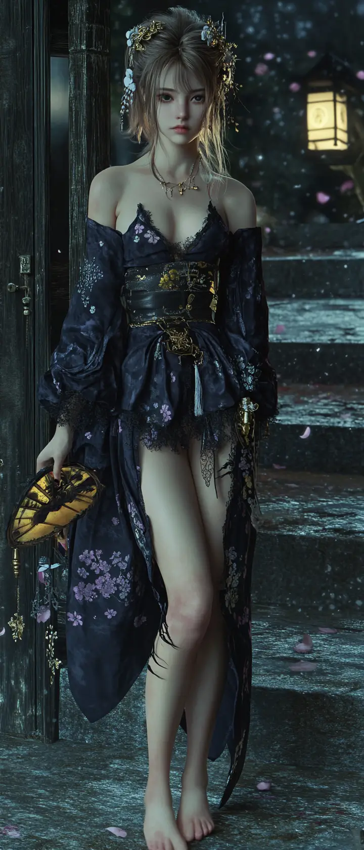 Gothic Japanese girl on a moonlit shrine stairway