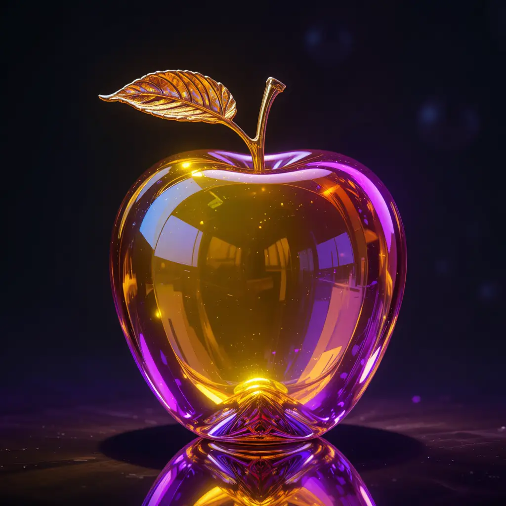 Glowing Glass Apple With Purple And Gold Reflections