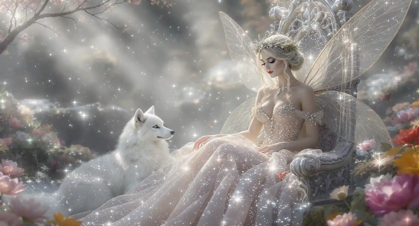 Diamond fairy on a silver throne in morning mist
