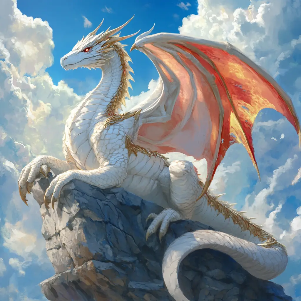 Majestic white dragon resting on a stone pedestal