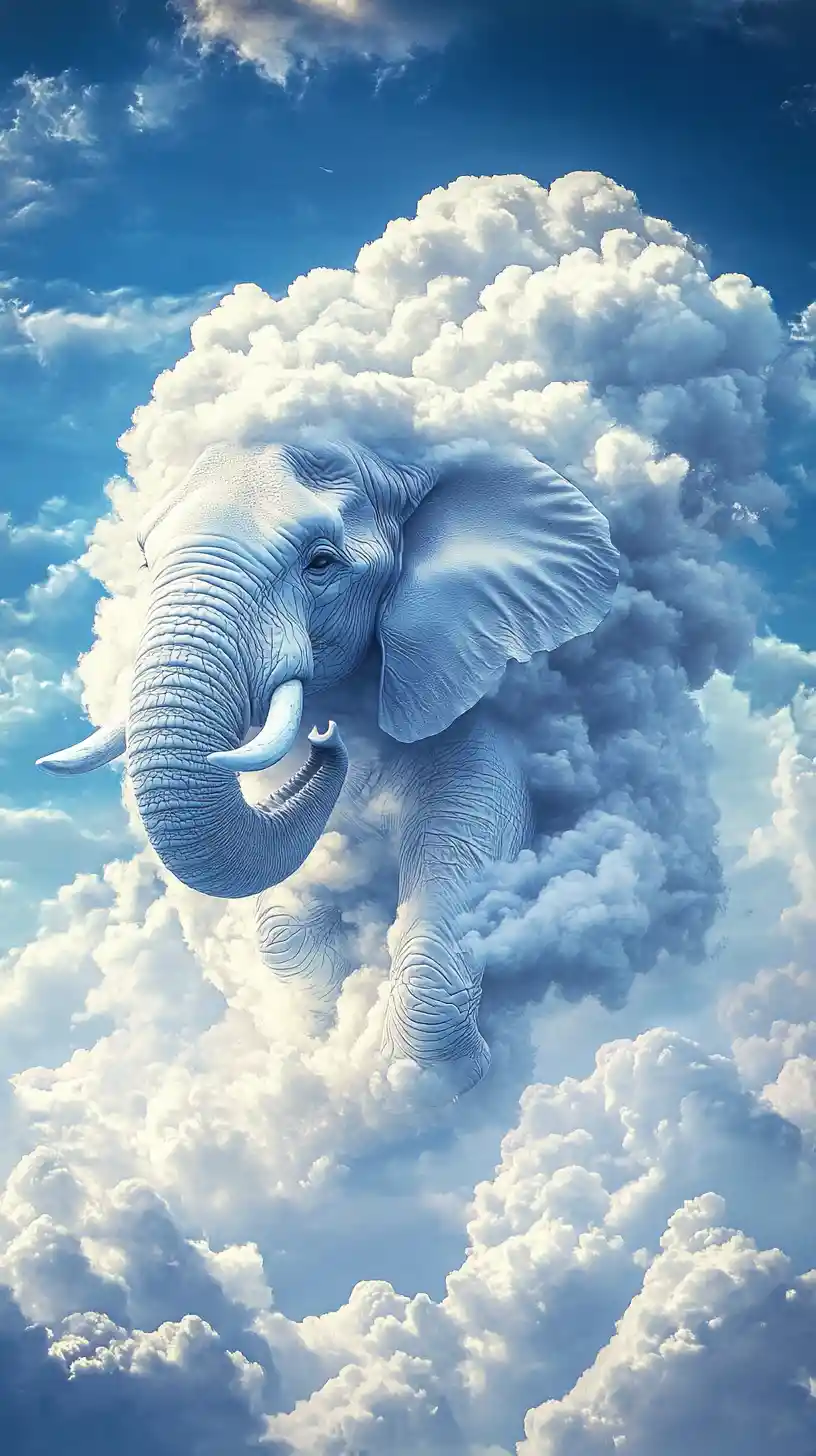 White cloud elephant floating in a bright blue sky