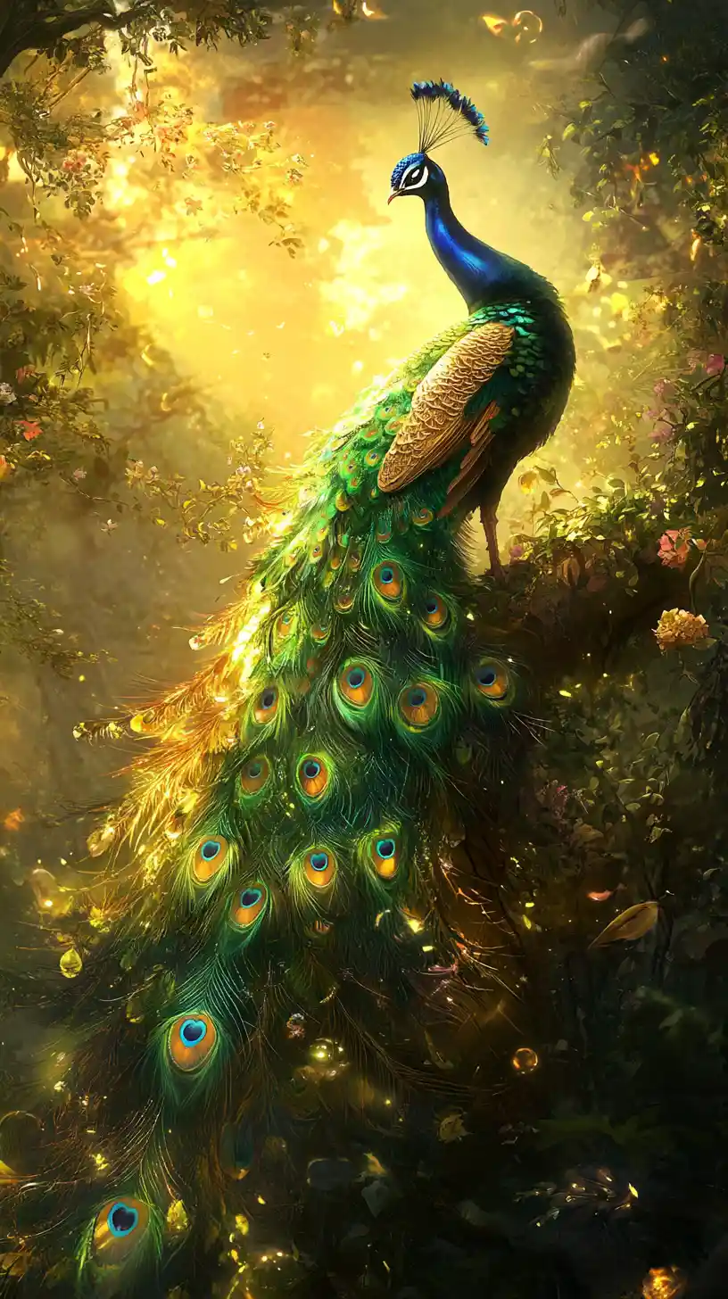 Elegant peacock with rose feathers in golden light