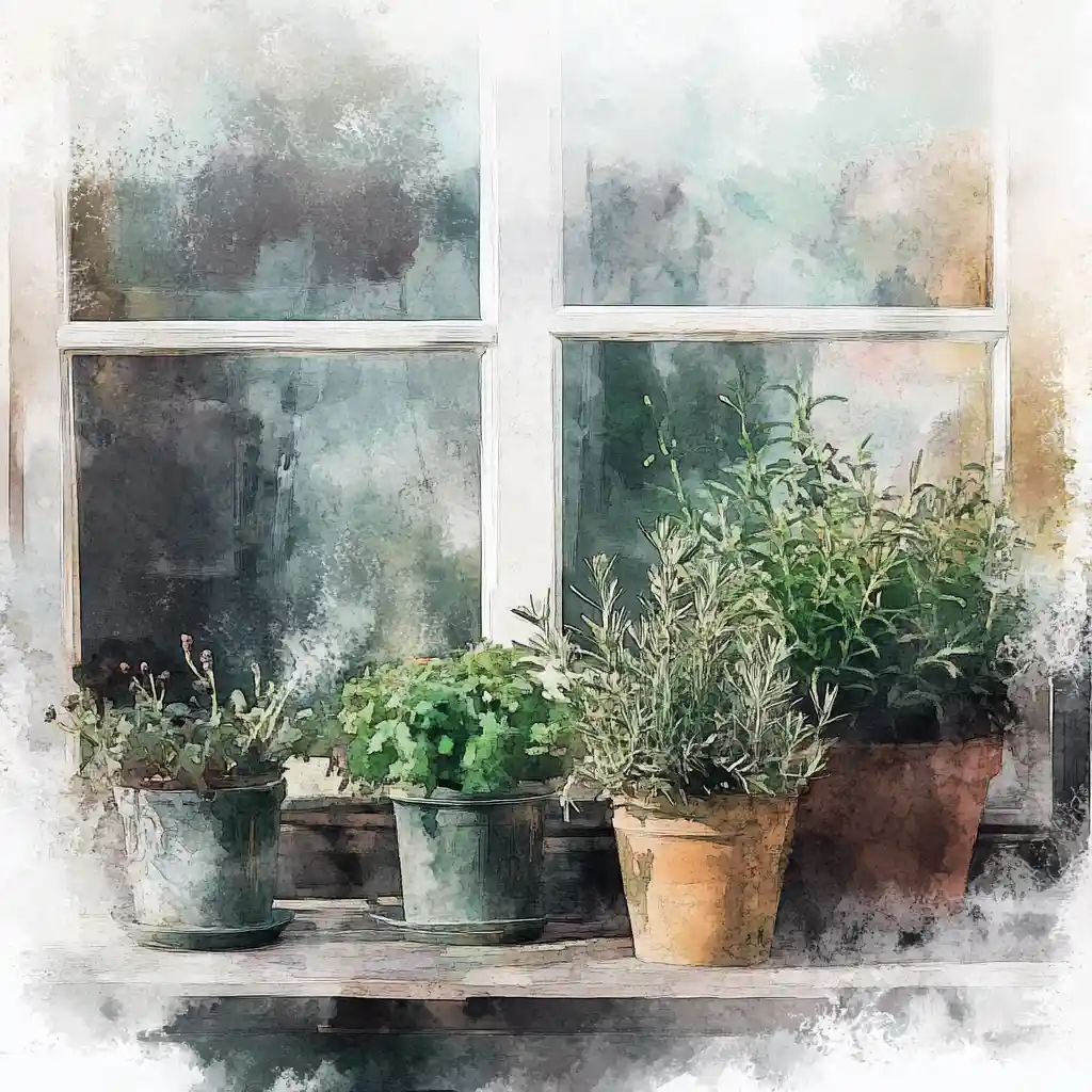 Fresh green culinary herbs in a simple composition