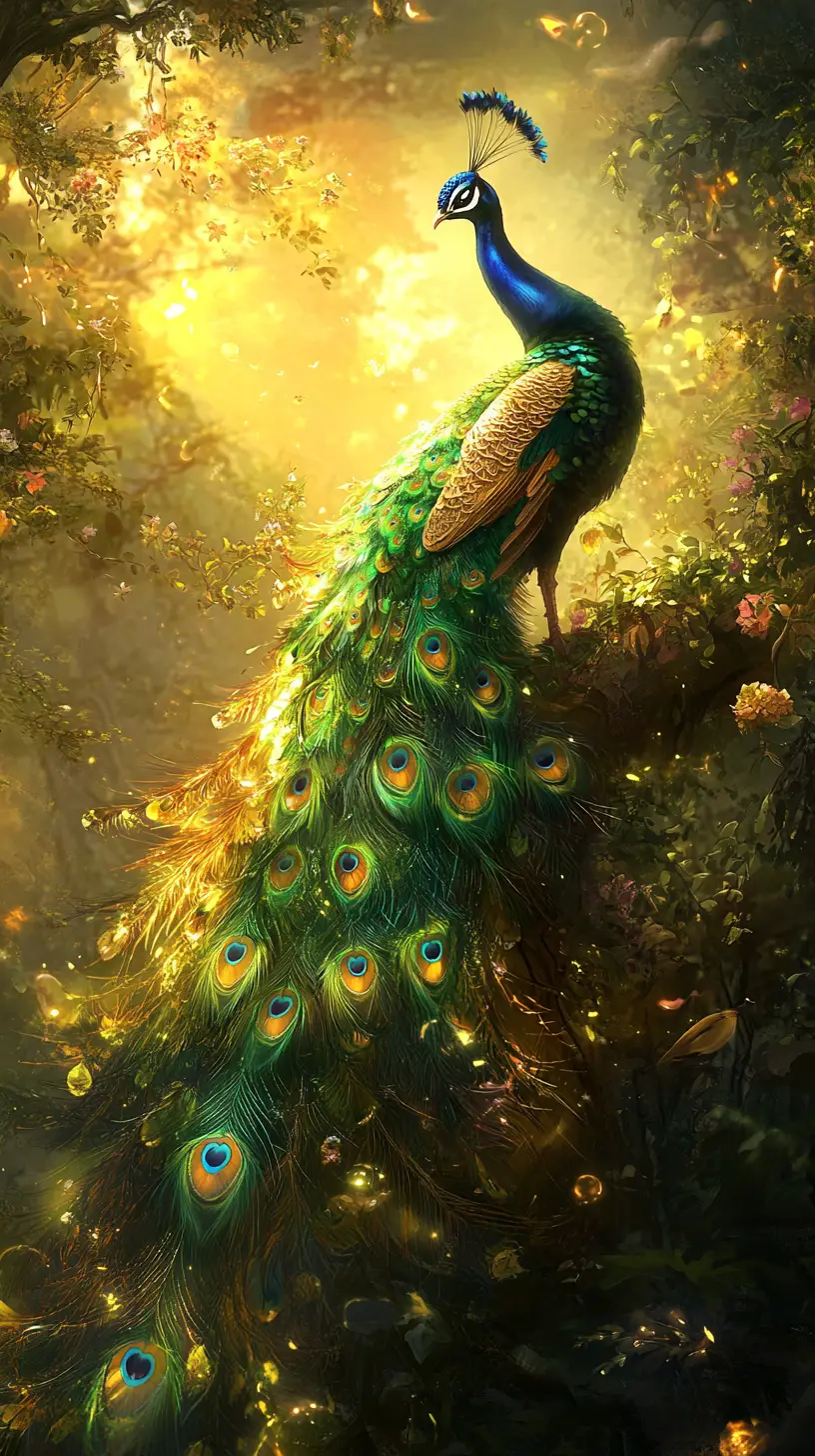 Elegant peacock with rose feathers in golden light