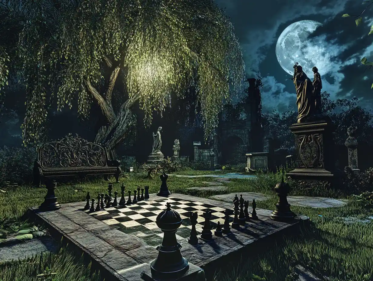 Moonlit Garden Chessboard Among Ruins And Willow