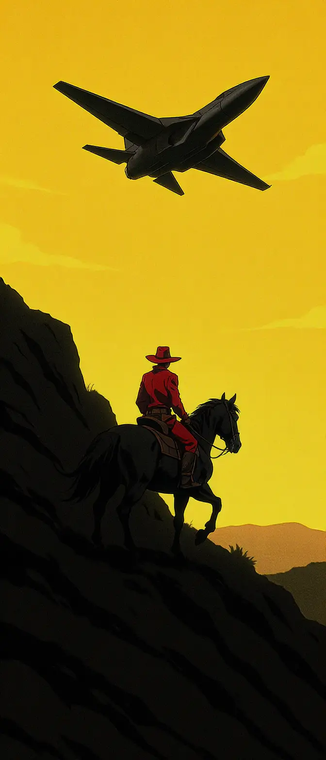 Anime cowboy riding uphill under a low flying jet