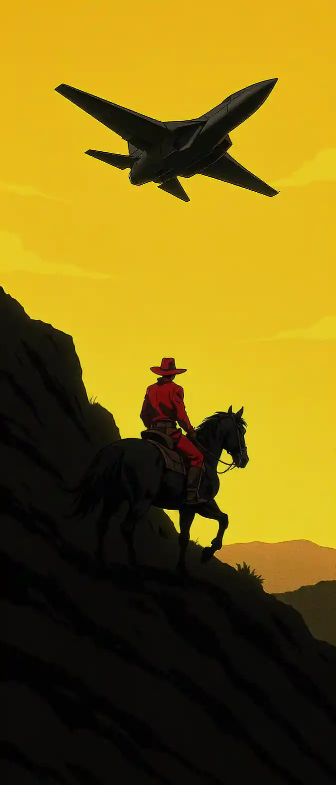 Anime cowboy riding uphill under a low flying jet