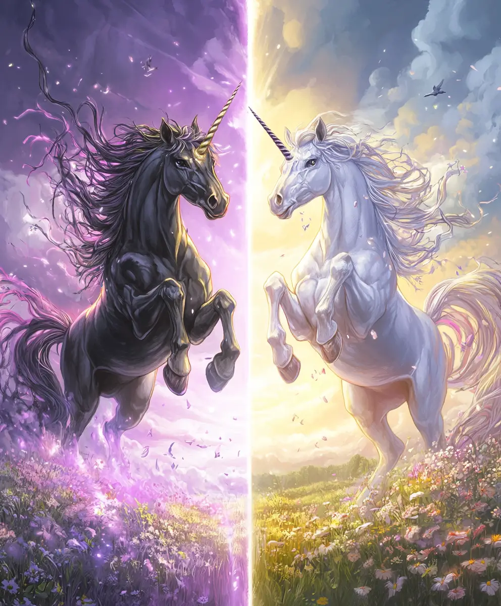 Two rearing unicorns facing each other in split fantasy scene