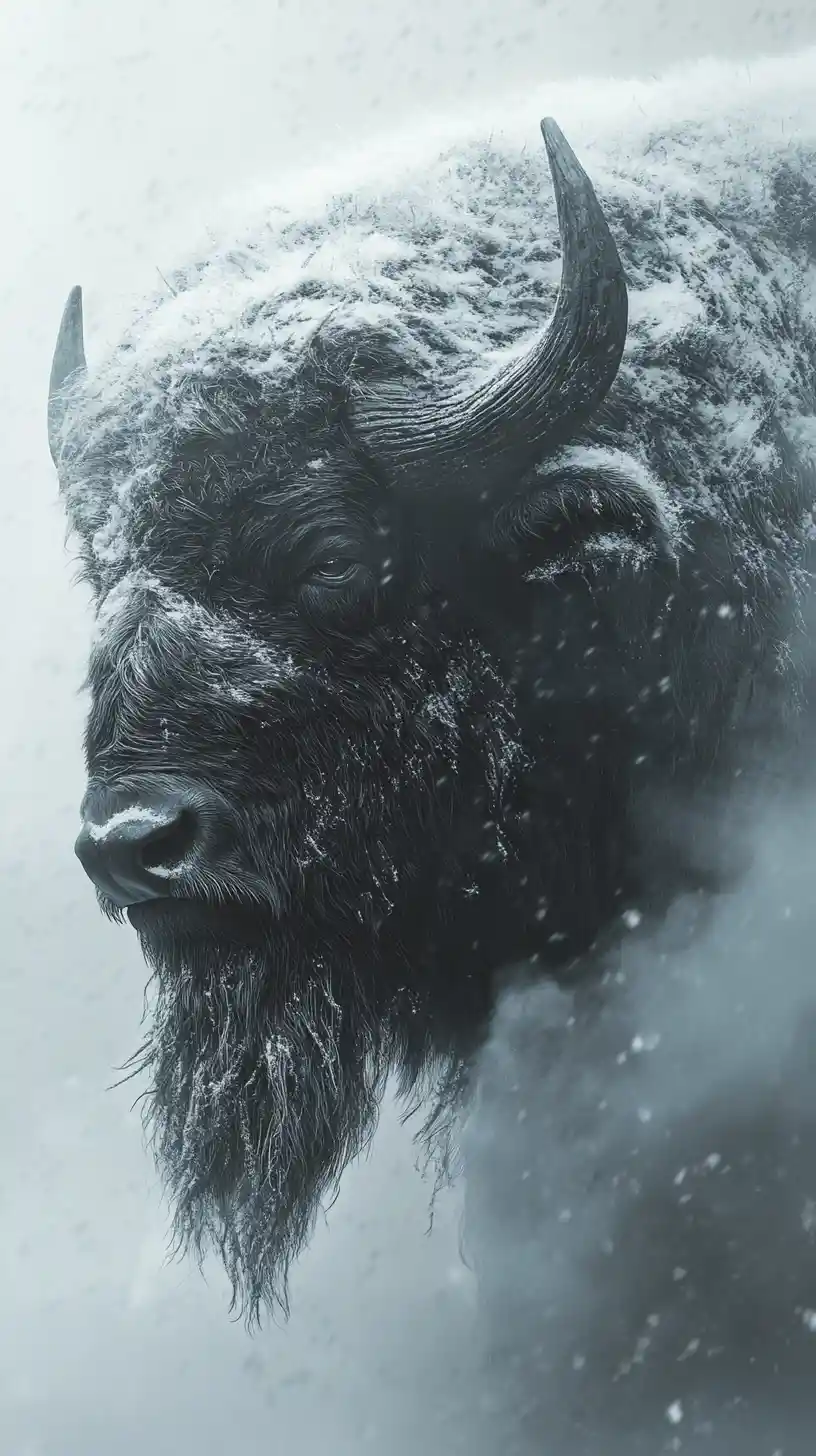 Ancient buffalo emerging from swirling fog in a dark landscape