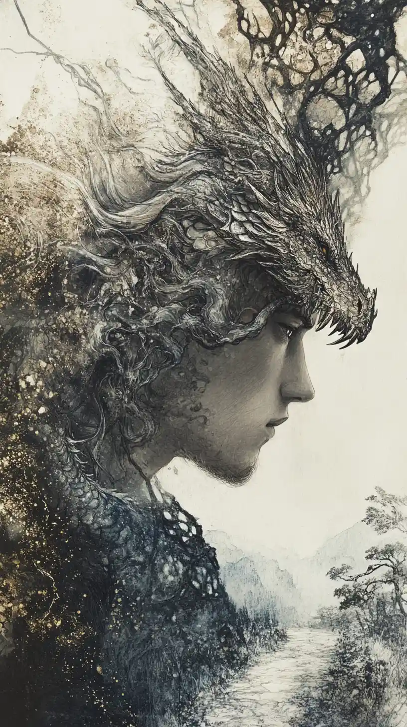 Man And Dragon Fused In A Dramatic Fantasy Landscape