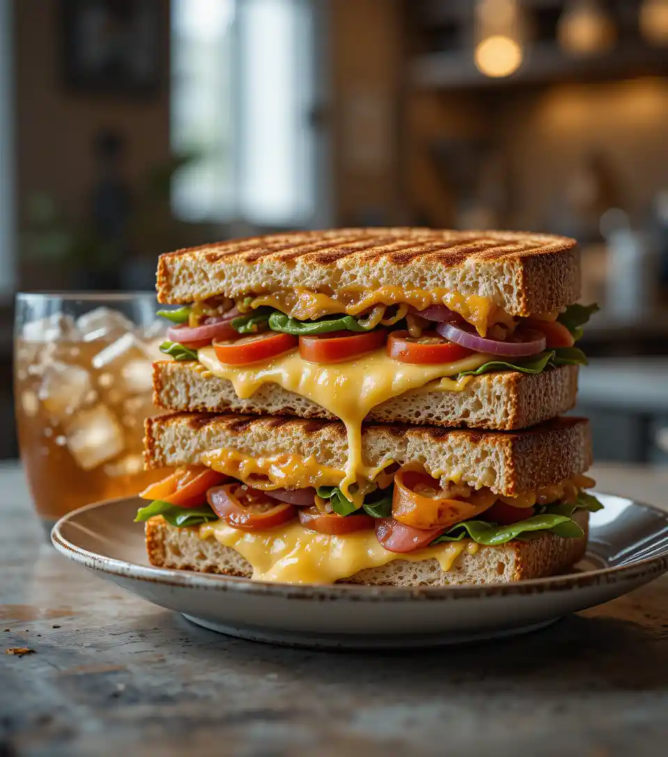Grilled vegetable cheese sandwich on plate in kitchen
