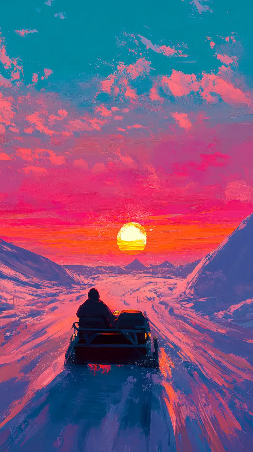Little boy riding a sled to school at sunrise
