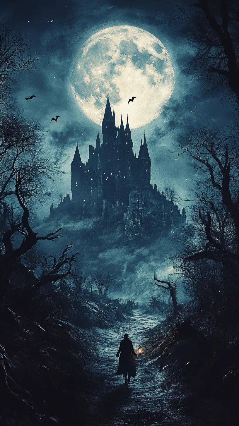Haunted castle on a moonlit hill with lone traveler