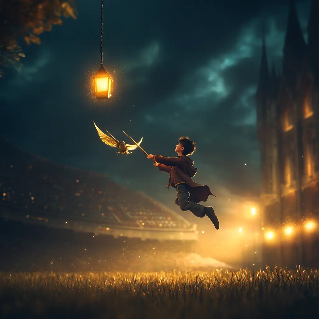 Young wizard flying over an empty quidditch field