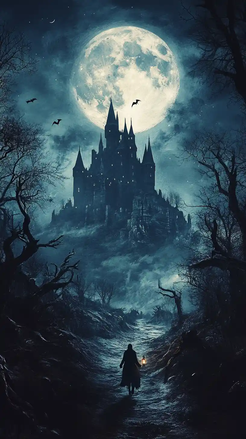 Haunted castle on a moonlit hill with lone traveler