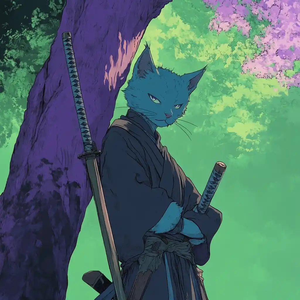 Blue anime cat swordsman by a purple tree