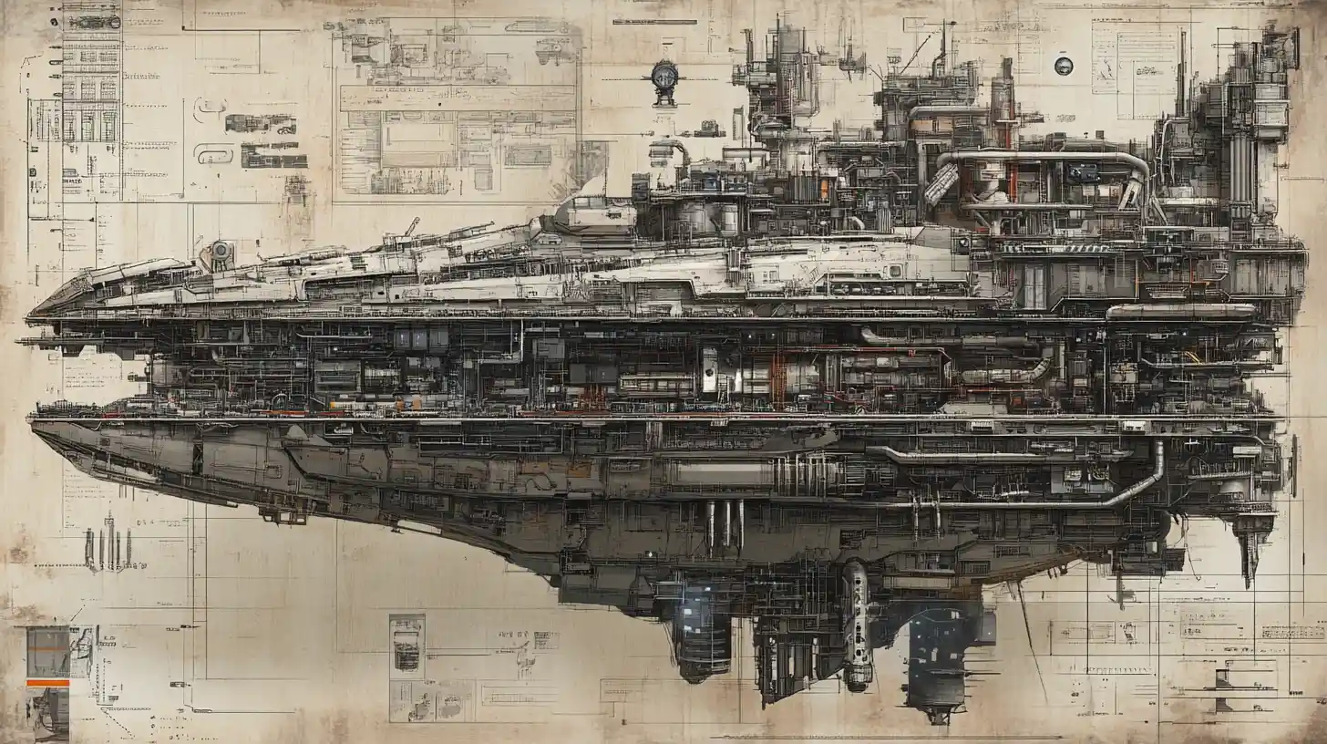 Cutaway view of a massive multi deck spaceship interior