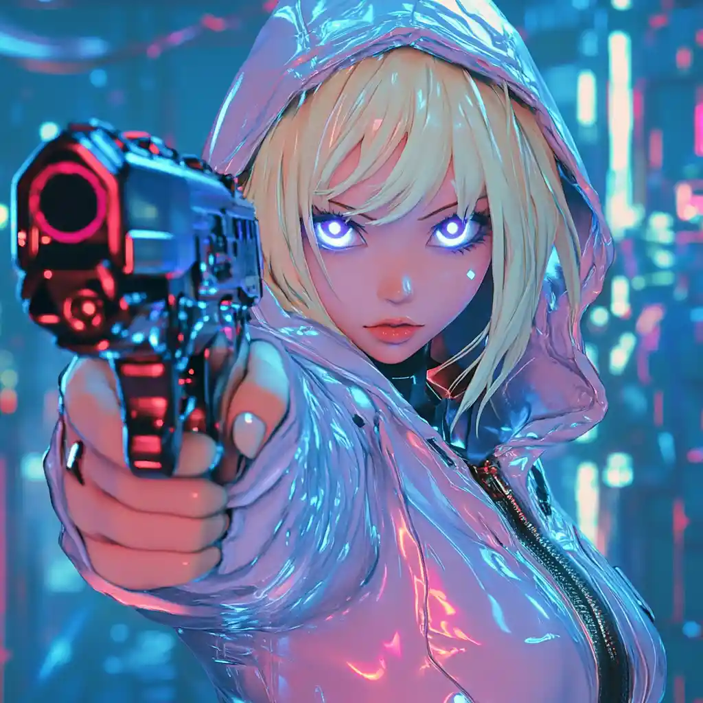 Anime girl aiming sci fi pistol in close up view