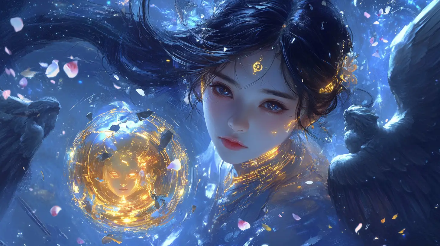Cybernetic anime girl on shattered celestial battlefield